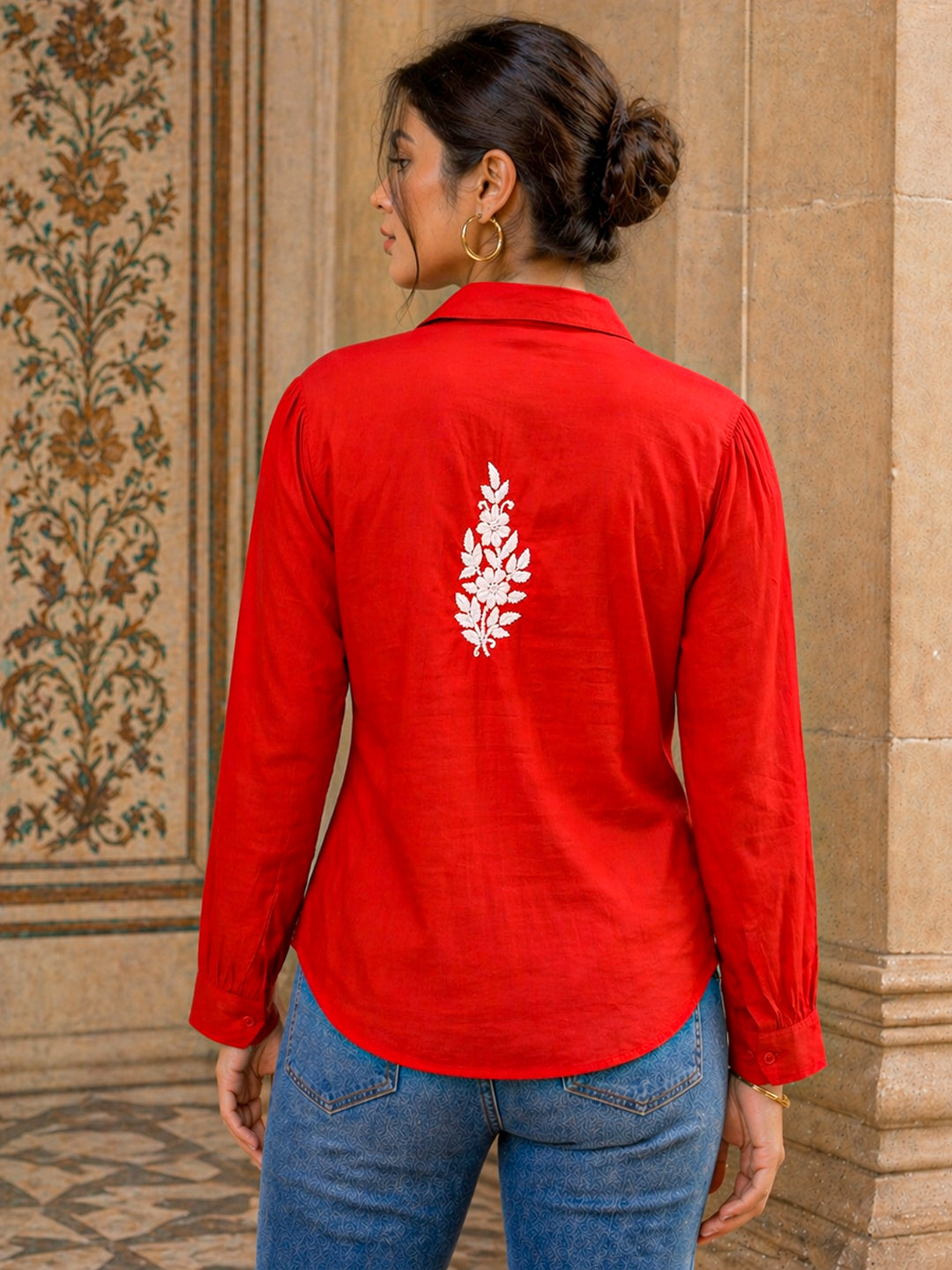 Drisha Mulmul Cotton Chikankari Shirt - Red
