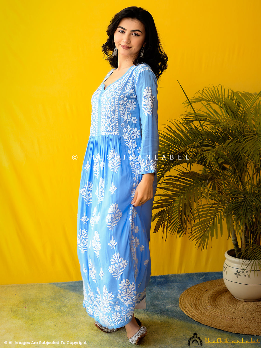 Zinia Modal Chikankari A-Line Kurti - Powder Blue