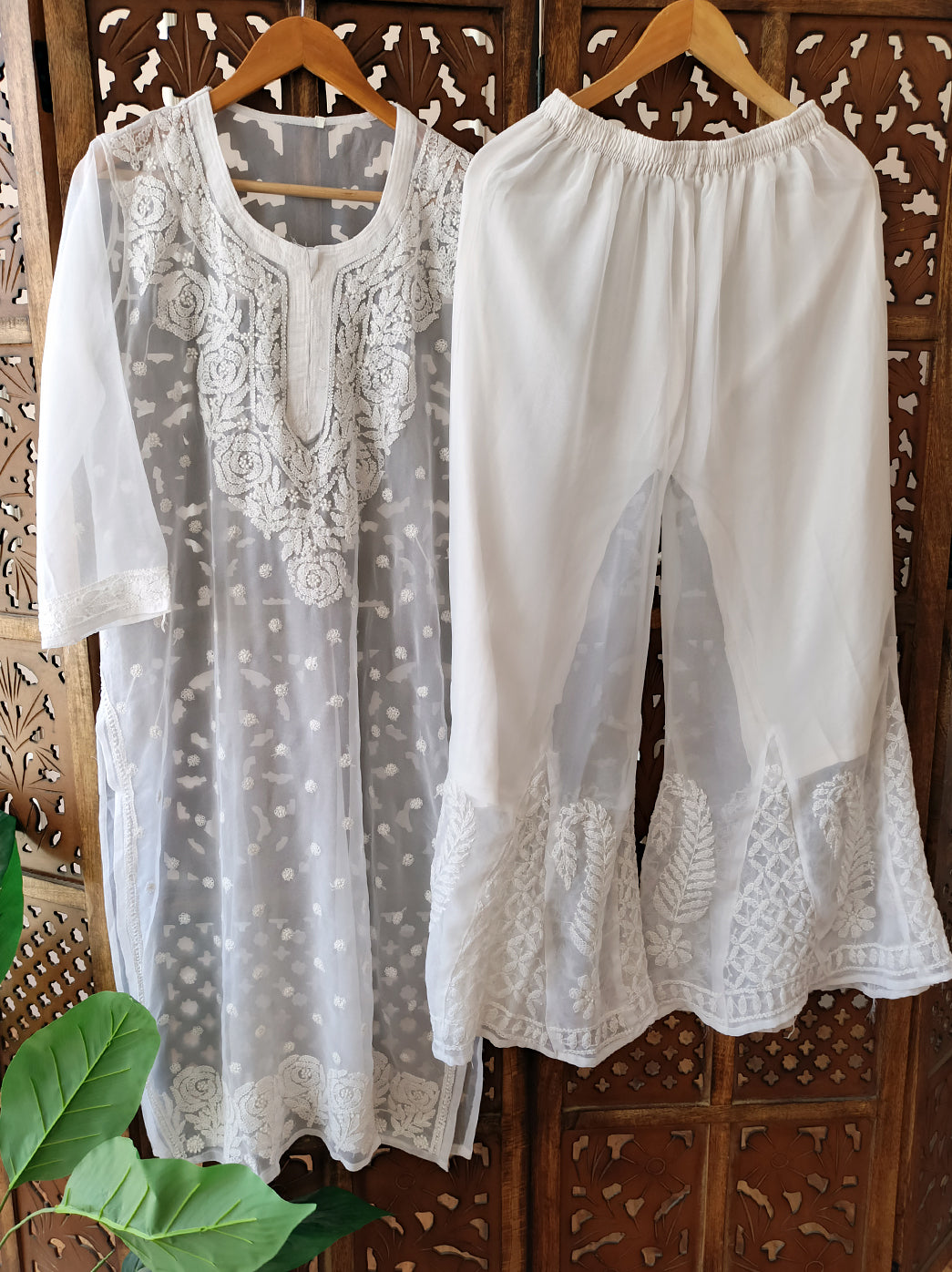 White Georgette Chikankari Kurti Sharara Set