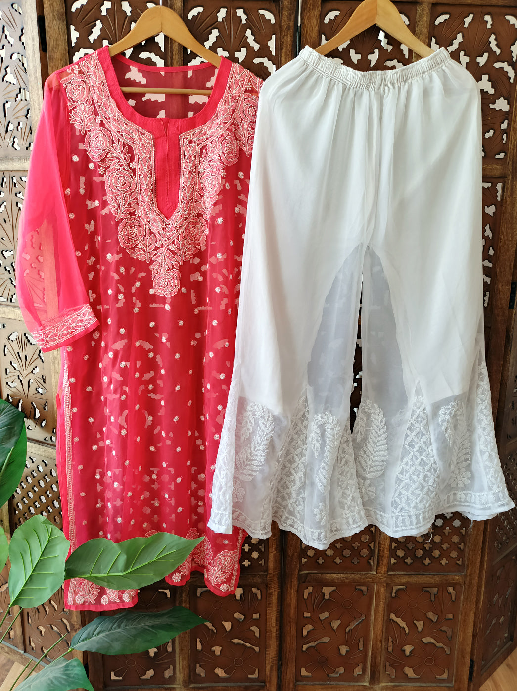Pink Georgette Chikankari Kurti Sharara Set