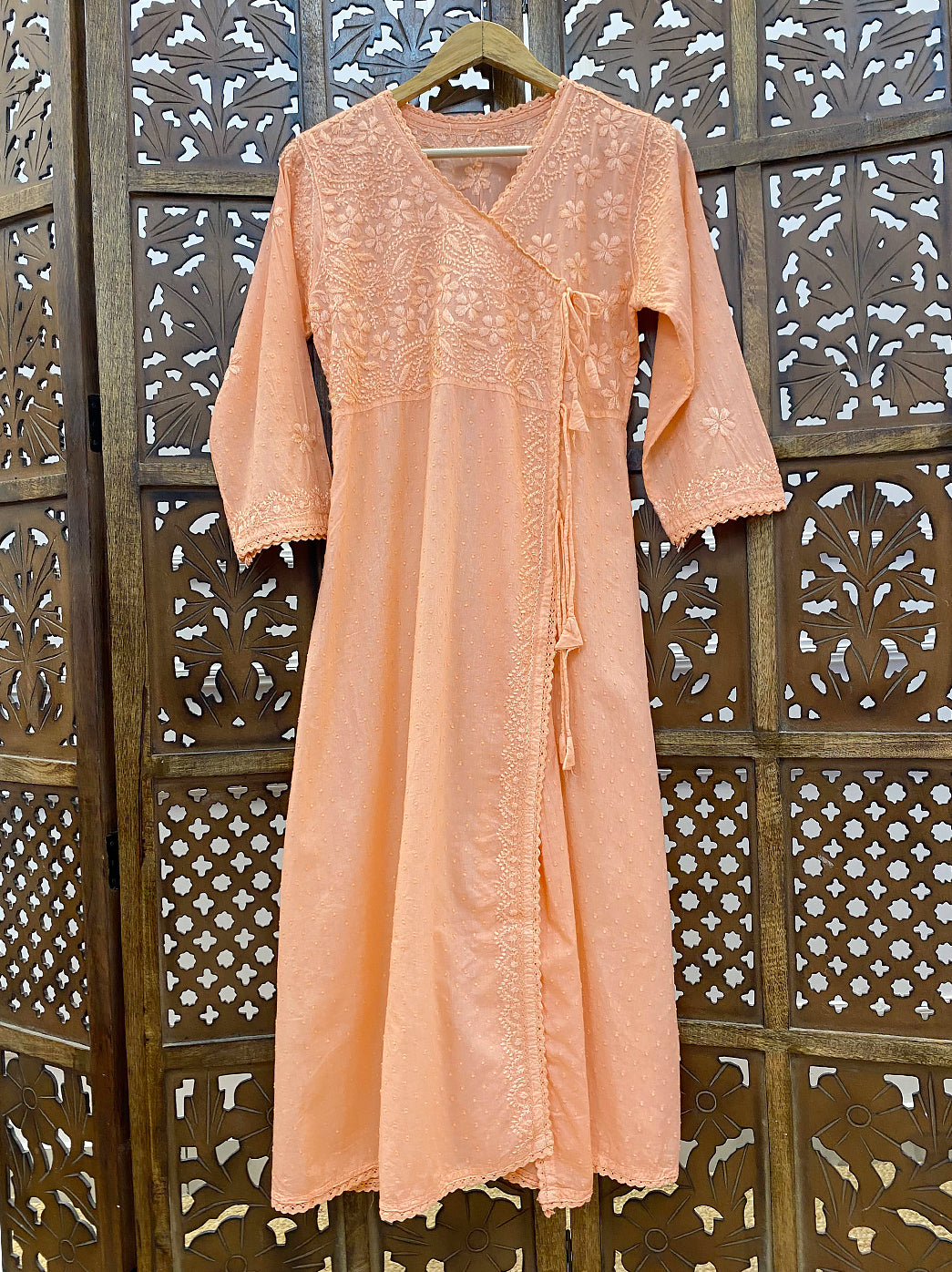 Peach Cotton Chikankari Angrakha