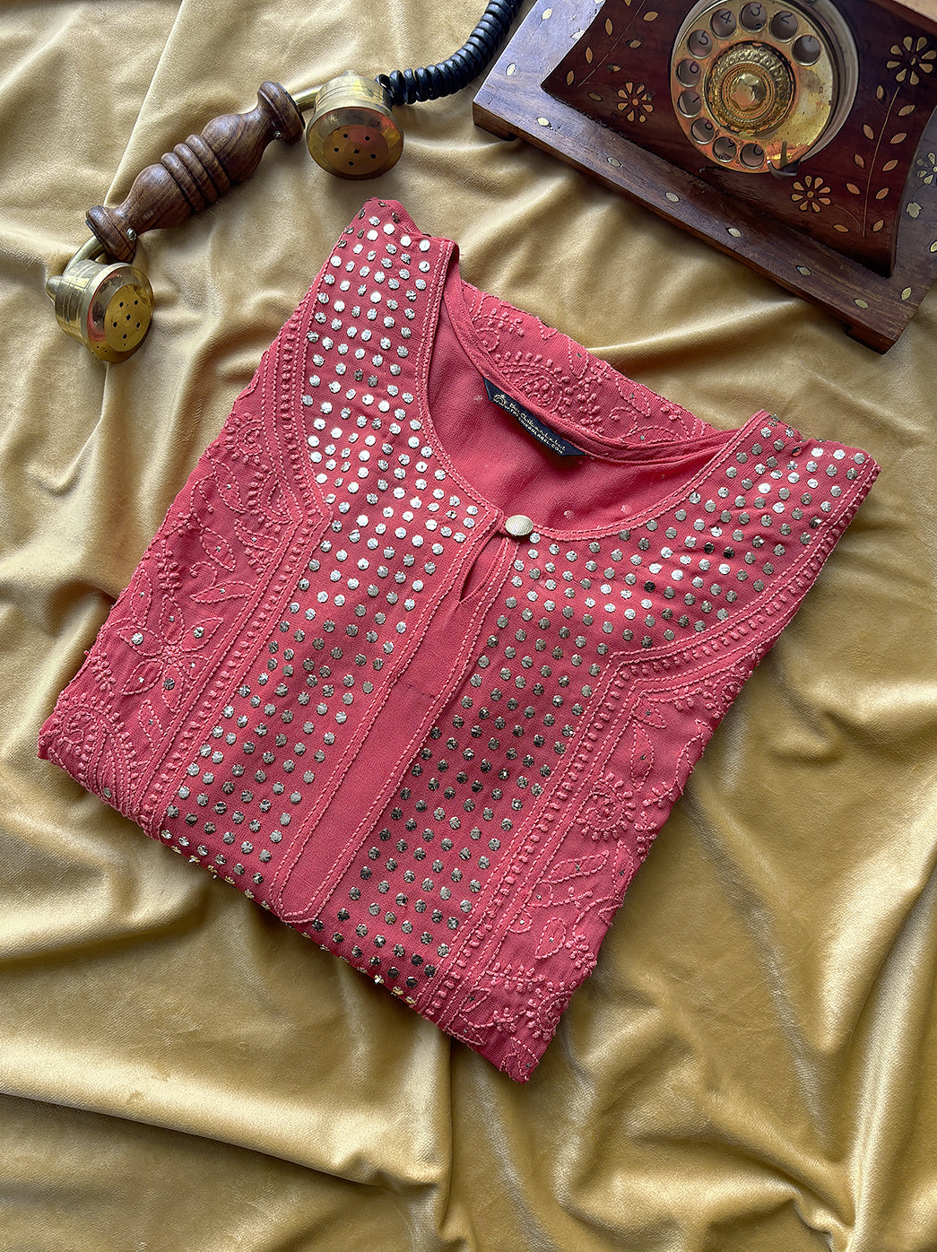 Coral Viscose Mukaish Chikankari Straight Kurti