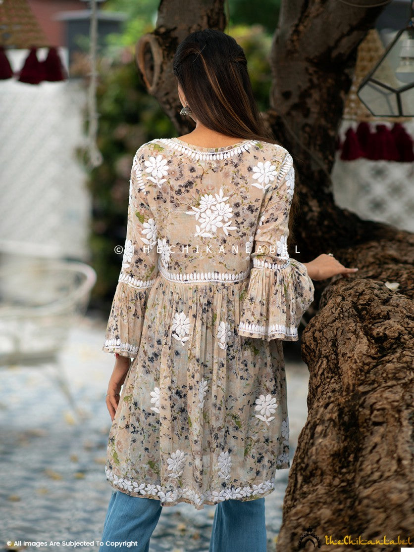 Statement sleeve detail on chikankari floral top in beige