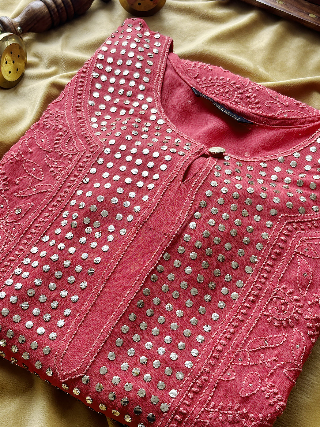 Coral Viscose Mukaish Chikankari Straight Kurti