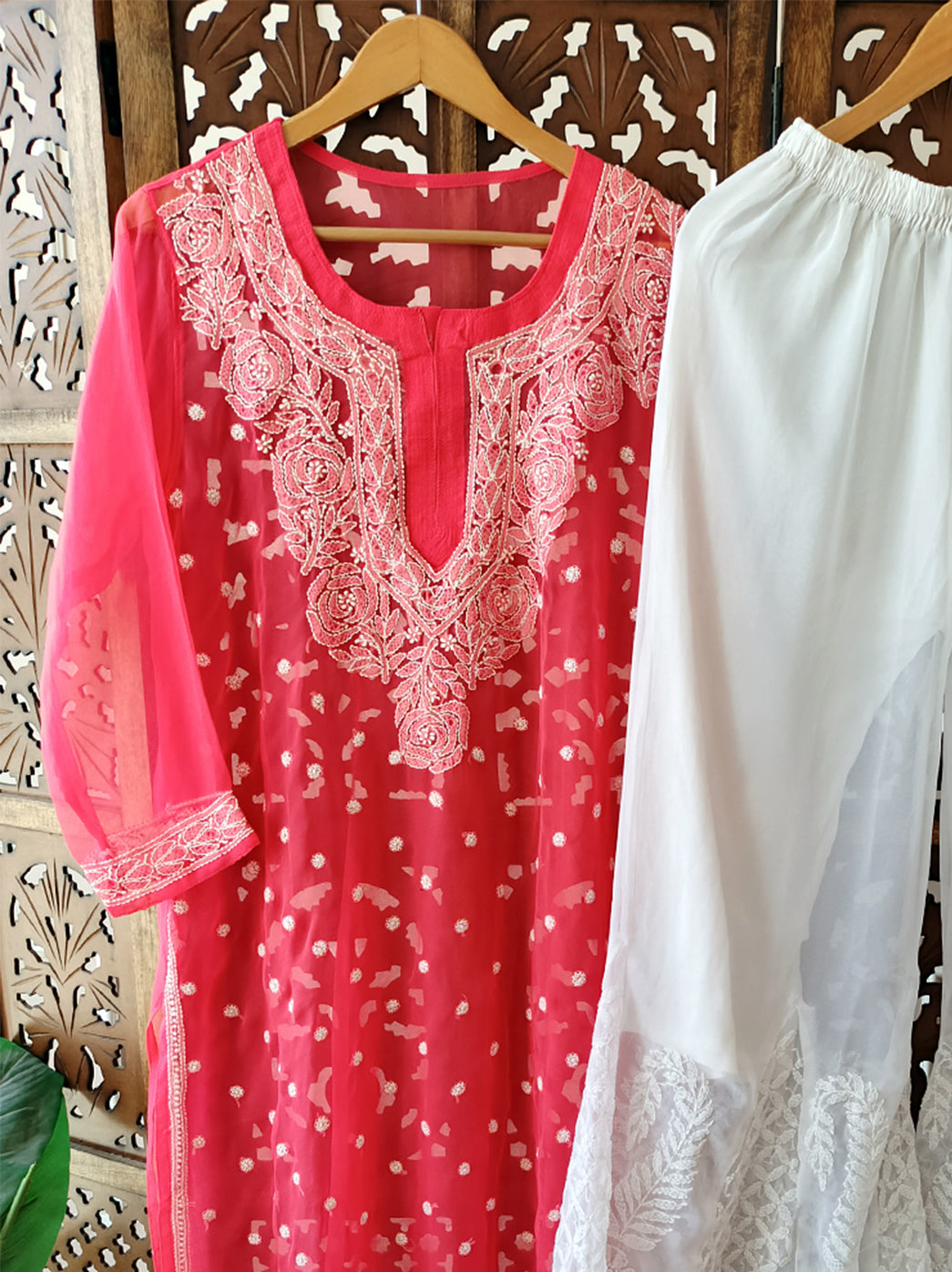 Pink Georgette Chikankari Kurti Sharara Set