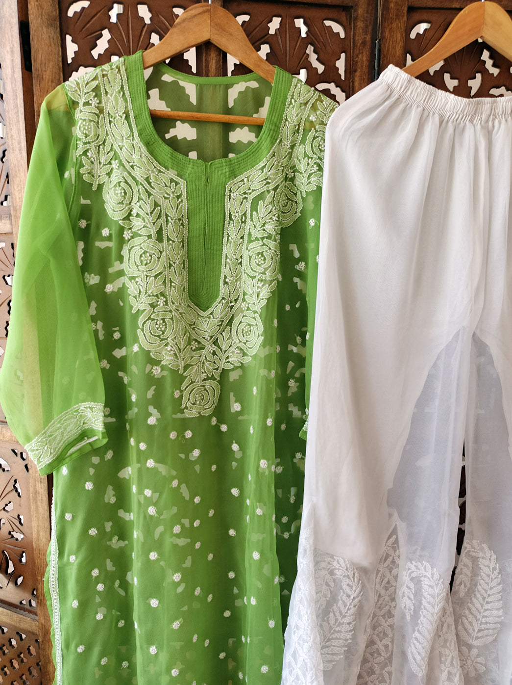 Green Georgette Chikankari Kurti Sharara Set