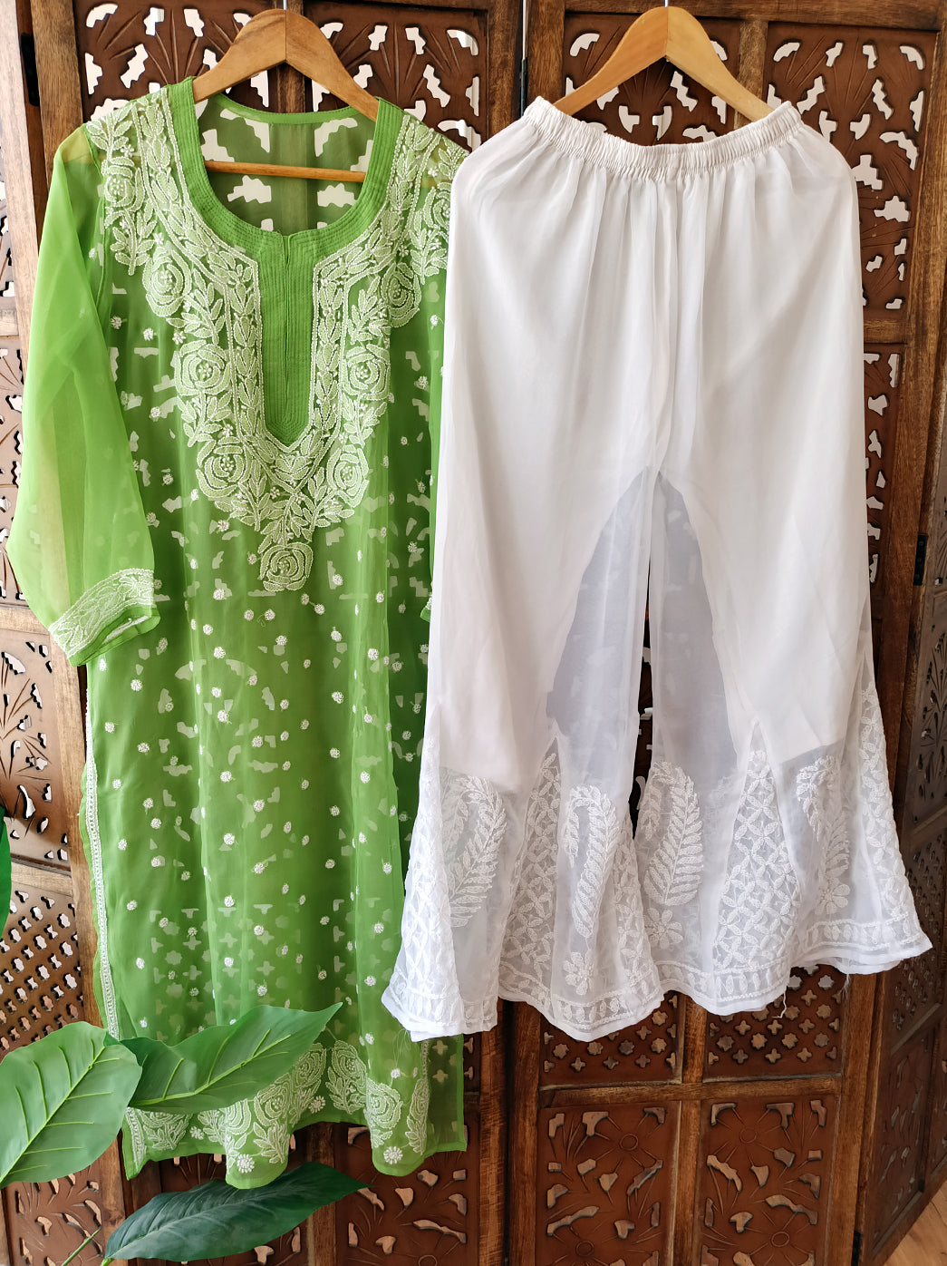 Green Georgette Chikankari Kurti Sharara Set