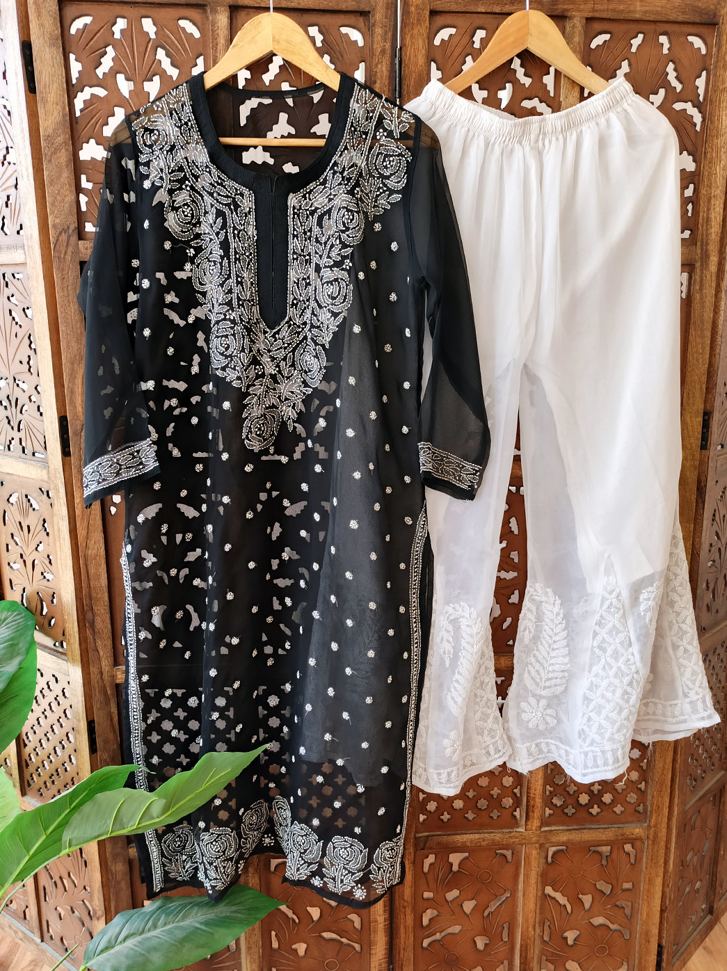 Black Georgette Chikankari Kurti Sharara Set