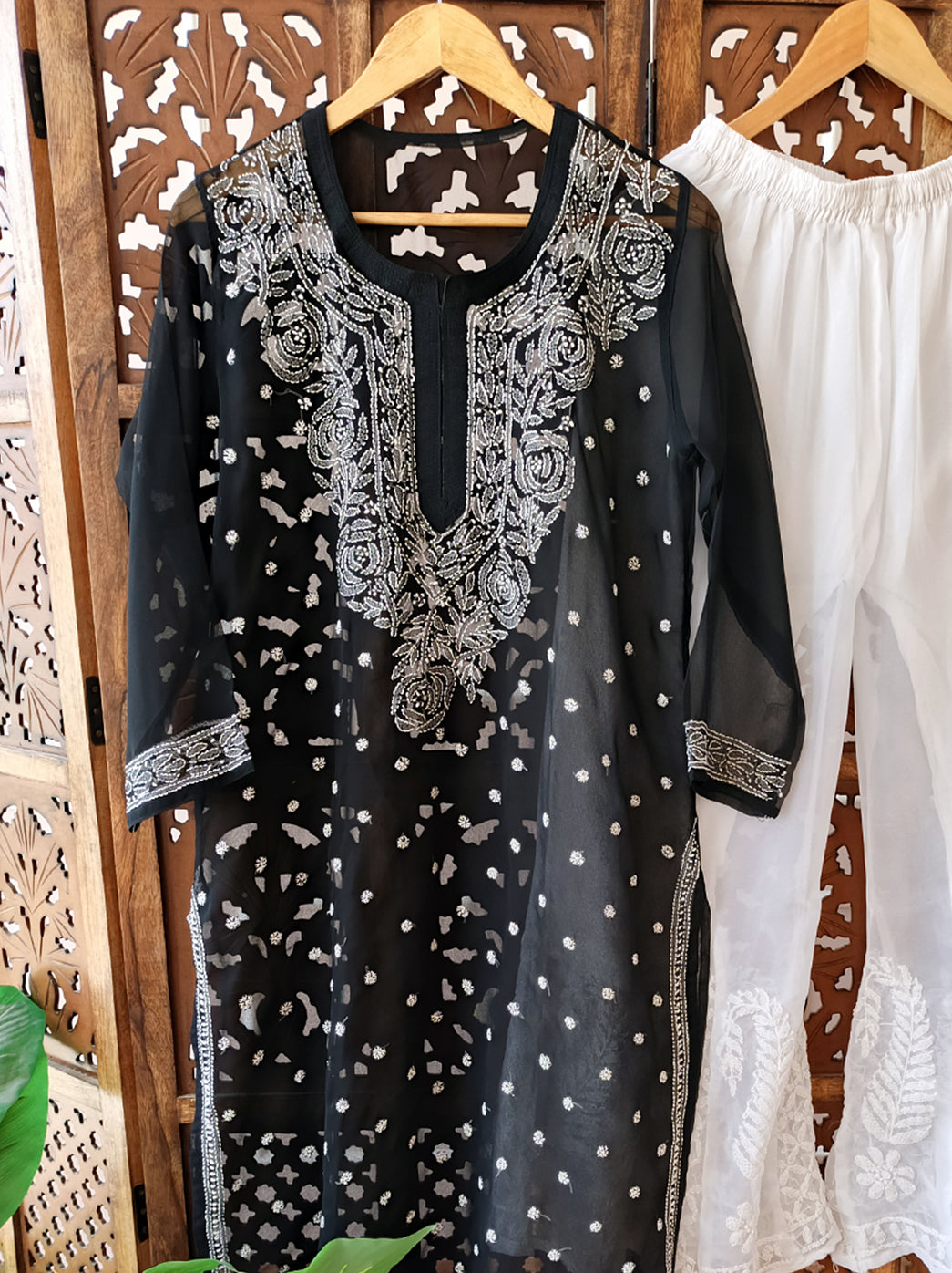 Black Georgette Chikankari Kurti Sharara Set