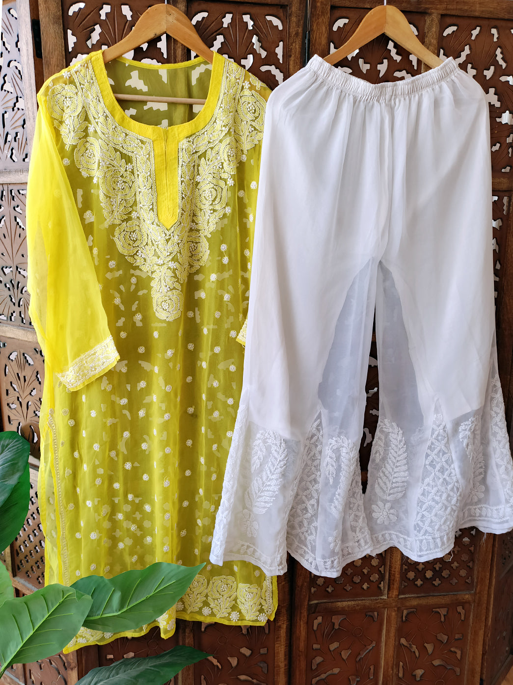 Yellow Georgette Chikankari Kurti Sharara Set