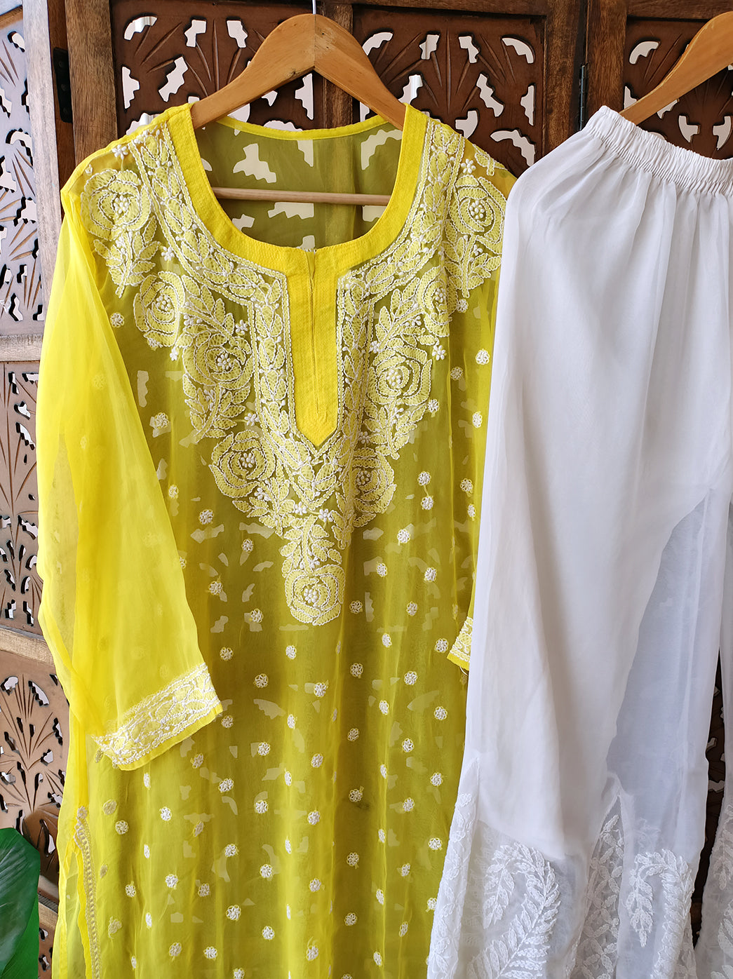 Yellow Georgette Chikankari Kurti Sharara Set