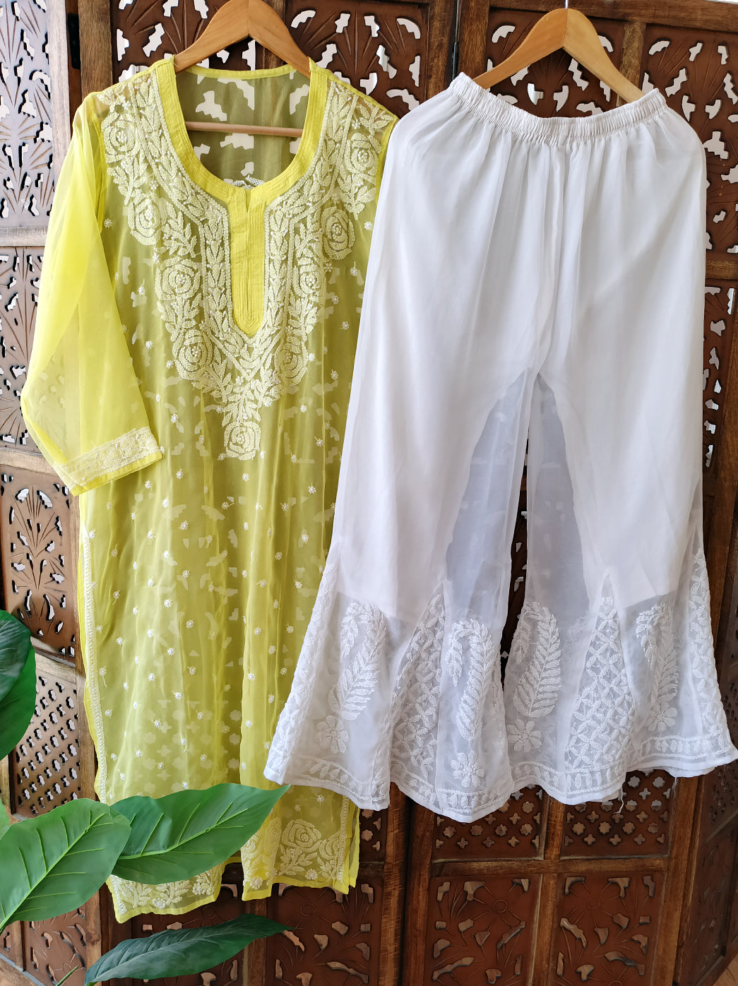 Lime Yellow Georgette Chikankari Kurti Sharara Set