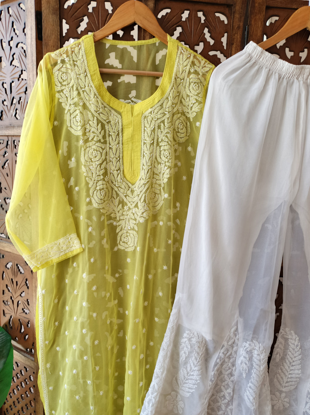 Lime Yellow Georgette Chikankari Kurti Sharara Set