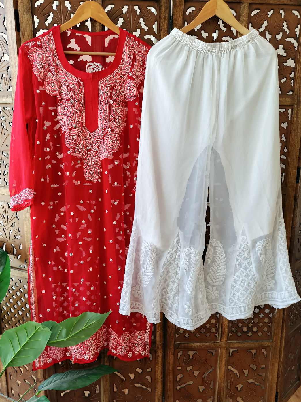 Red Georgette Chikankari Kurti Sharara Set
