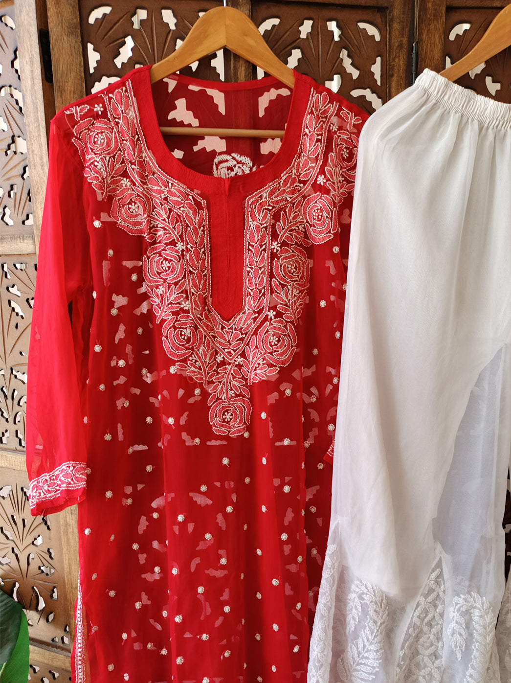 Red Georgette Chikankari Kurti Sharara Set