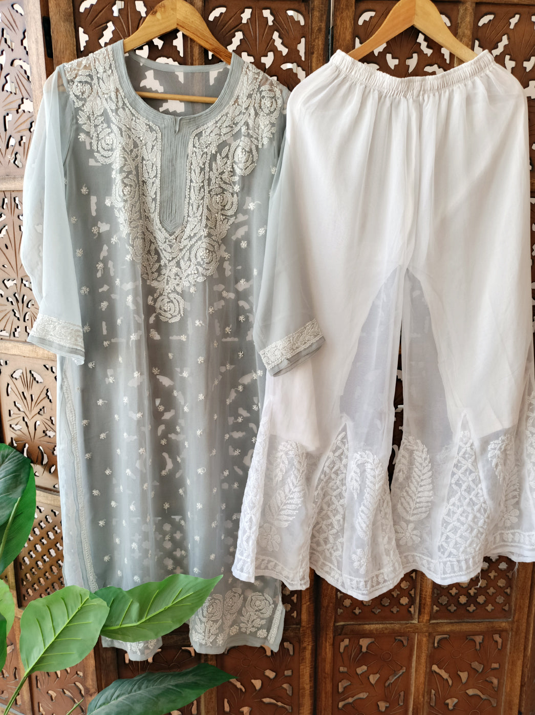 Grey Georgette Chikankari Kurti Sharara Set