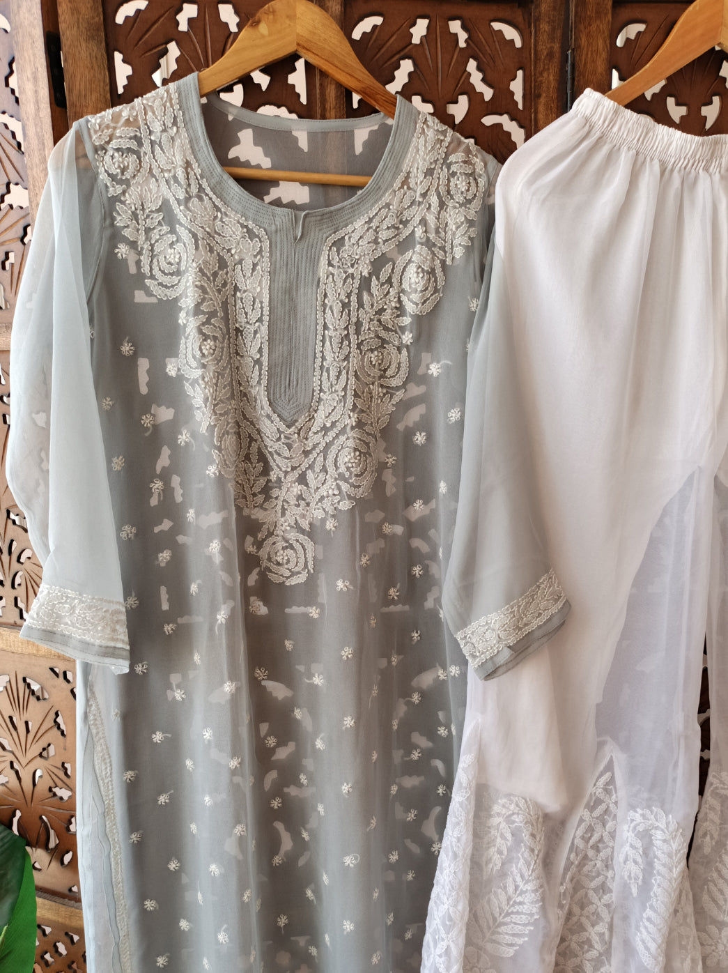 Grey Georgette Chikankari Kurti Sharara Set