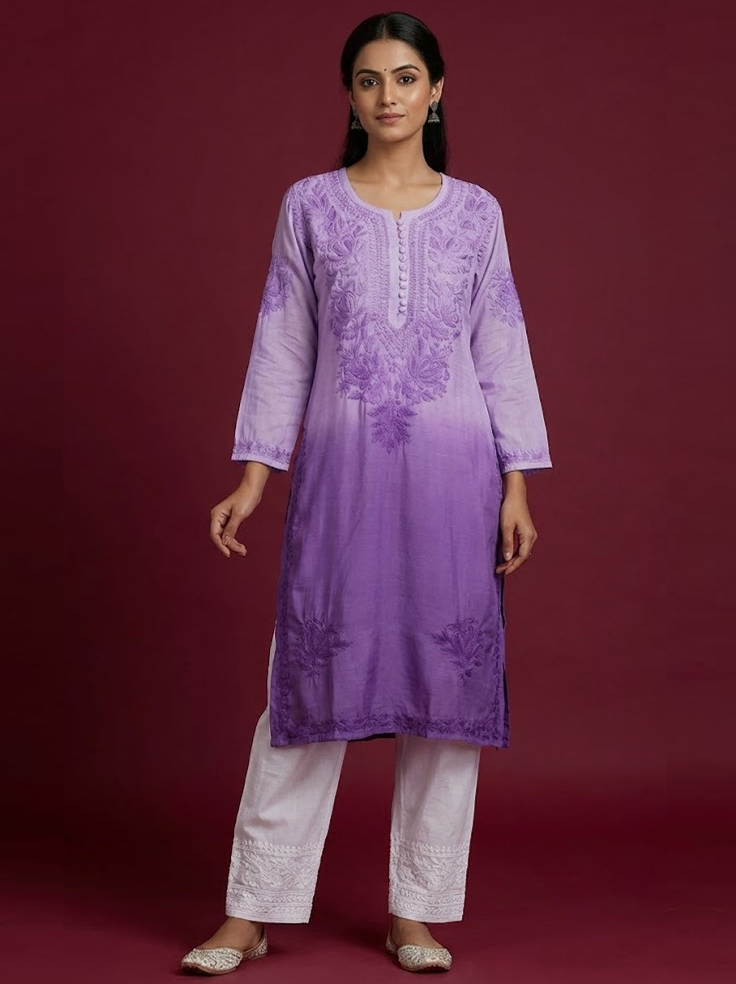 Lilac Muslin Chikankari Straight Kurti