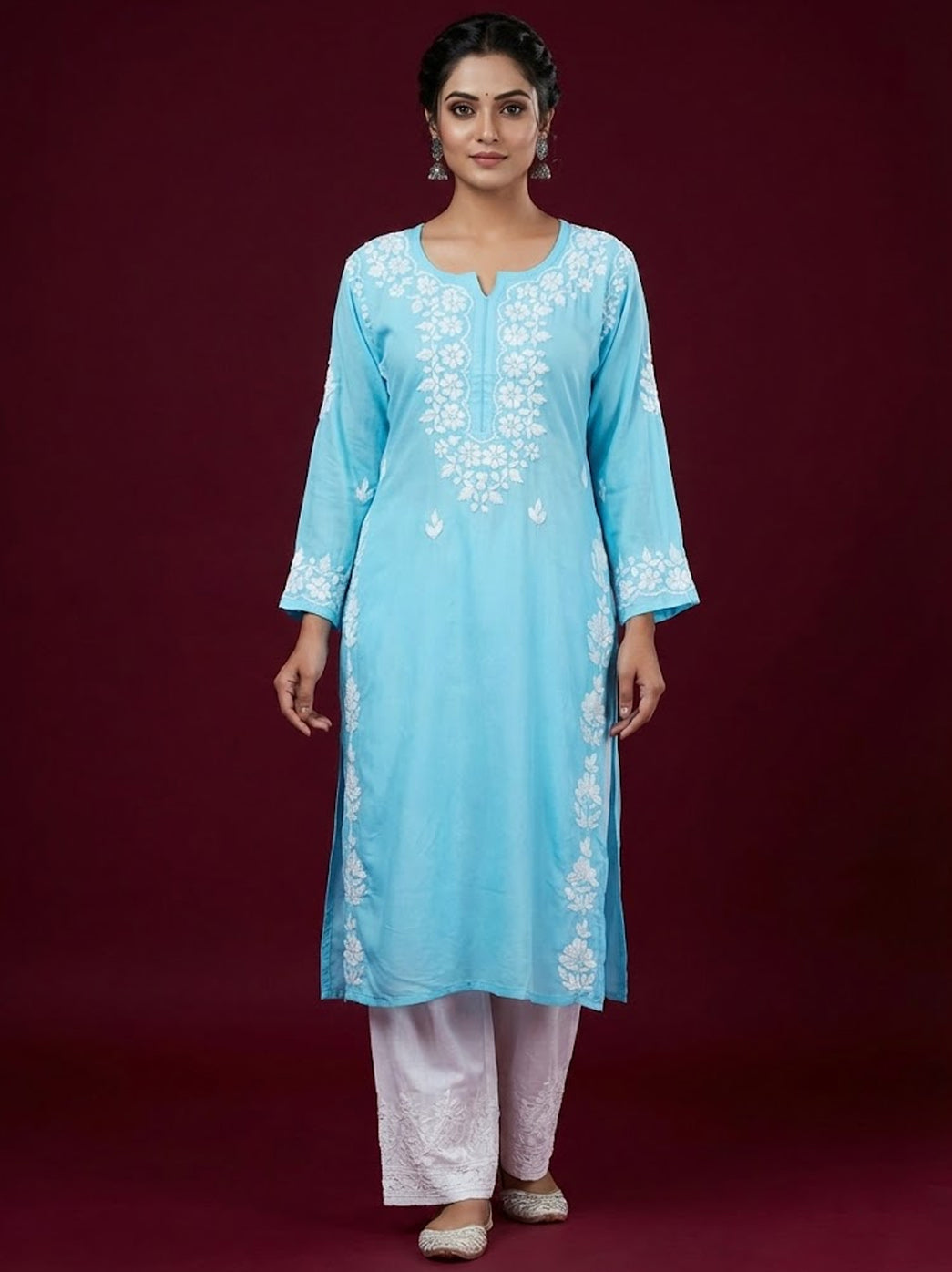 Sky Blue Rayon Chikankari Straight Kurti