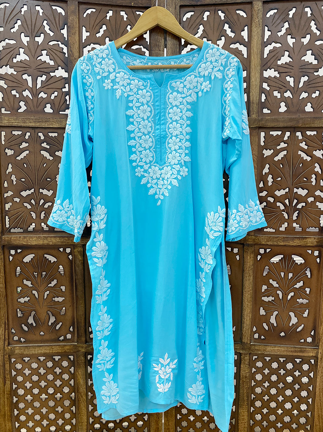 Sky Blue Rayon Chikankari Straight Kurti