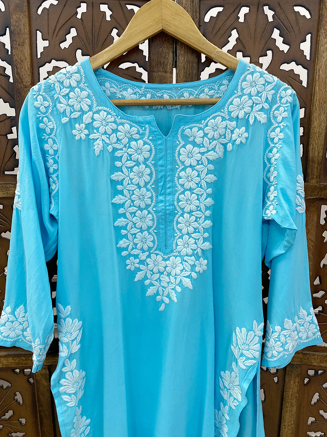 Sky Blue Rayon Chikankari Straight Kurti