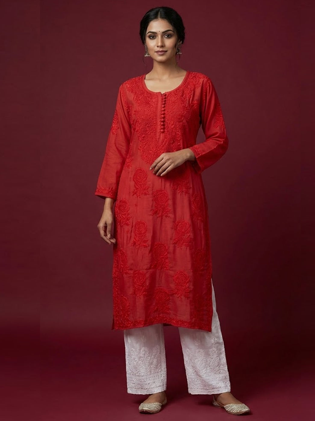 Red Gulaab Muslin Chikankari Straight Kurti