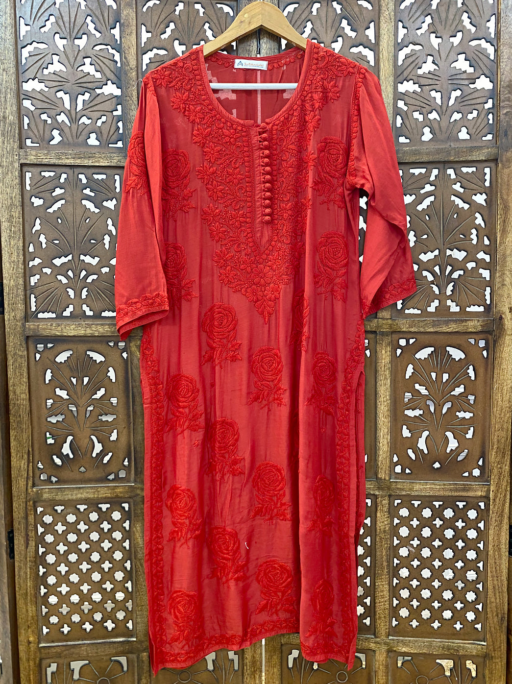 Red Gulaab Muslin Chikankari Straight Kurti