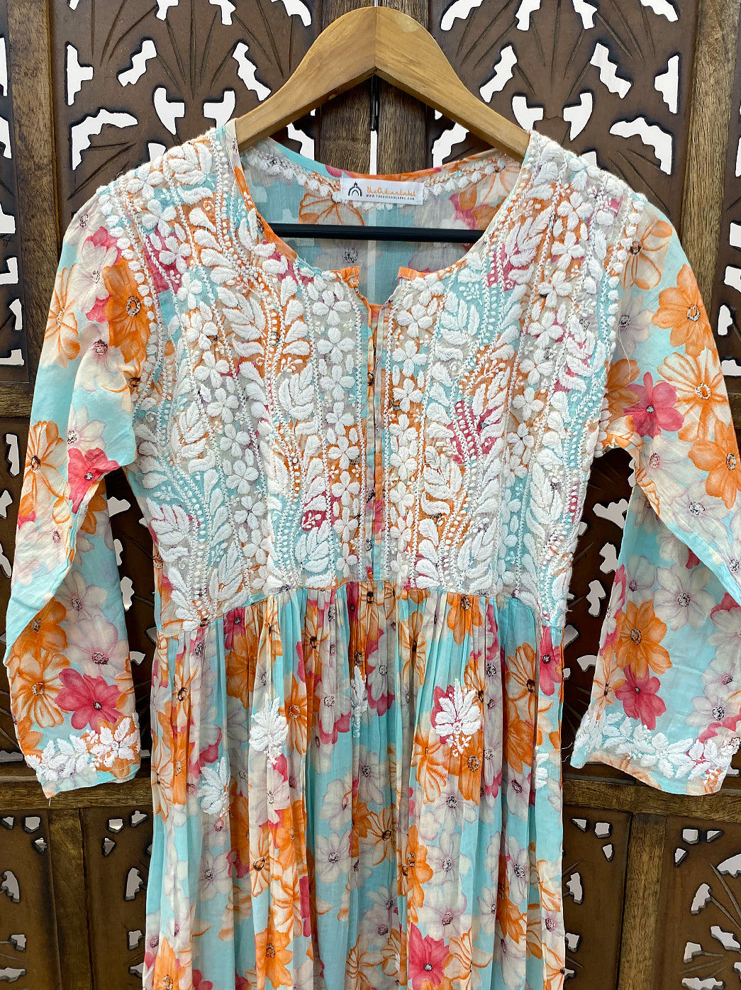 Sea Green Mulmul Printed Chikankari A-Line Kurti