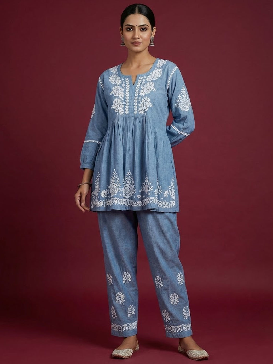 Grey Denim Chikankari Short Kurta Set