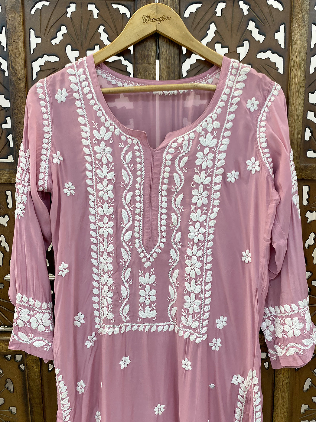 Champagne Muslin Chikankari Straight Kurti
