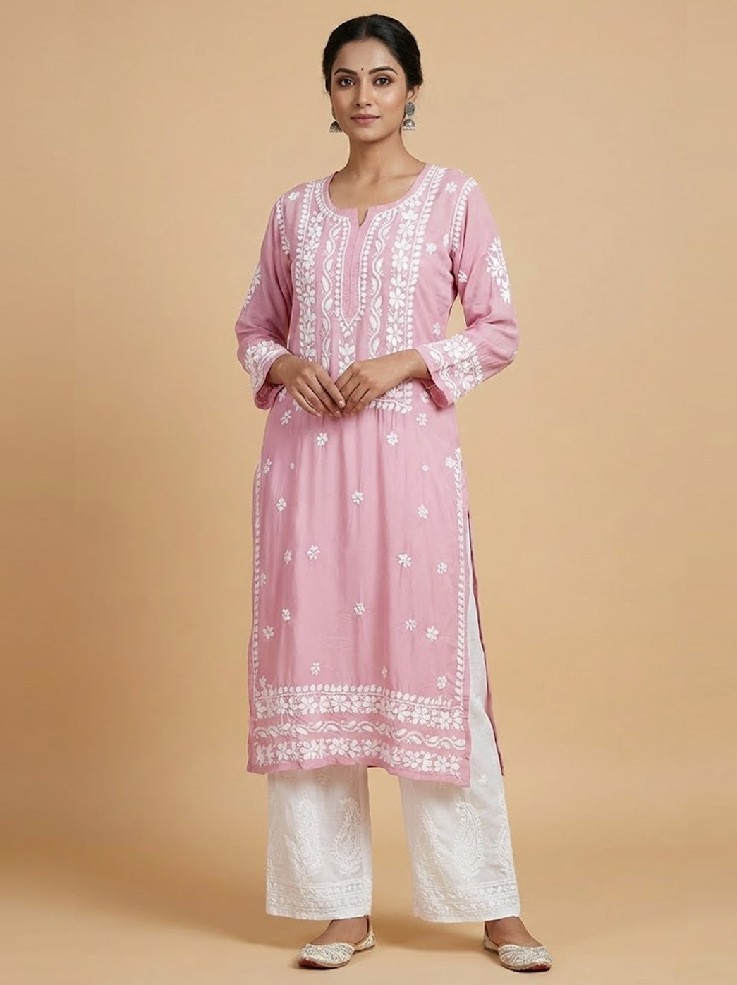 Champagne Muslin Chikankari Straight Kurti