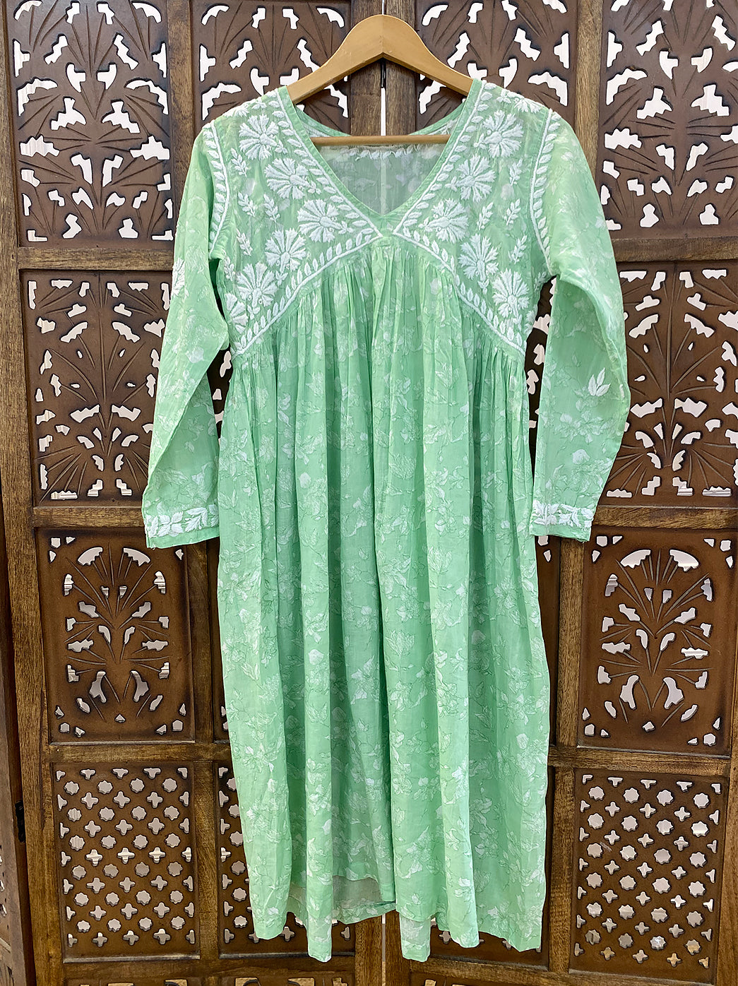 Pista Green Mulmul Chikankari A-Line Kurti