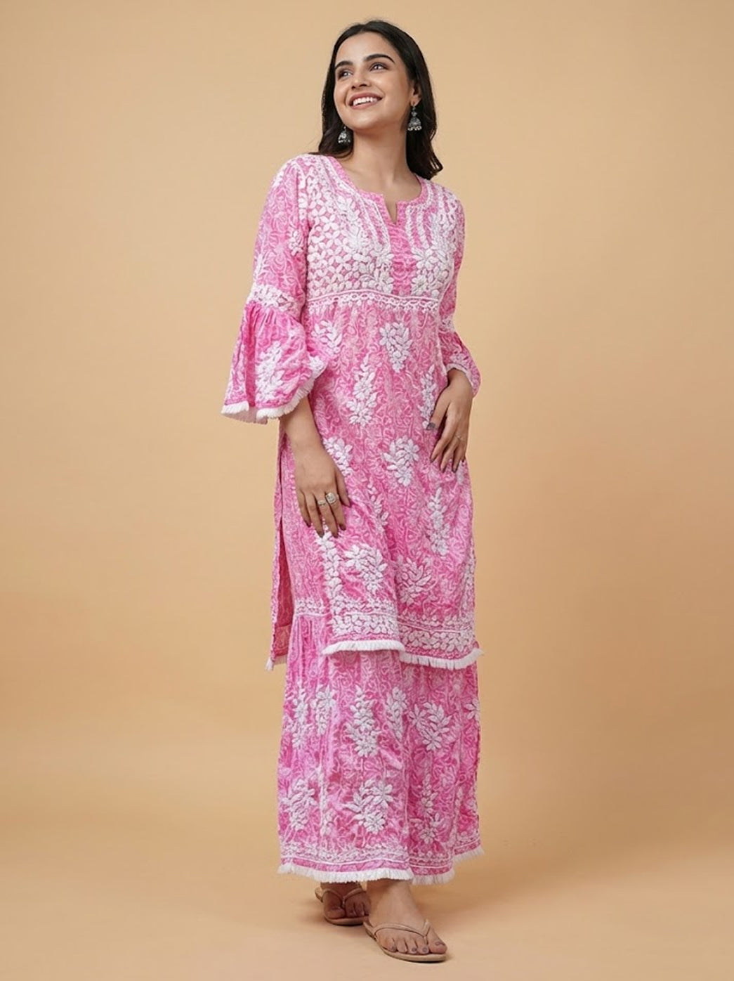 Pink Mulmul Chikankari Kurti Palazzo Set