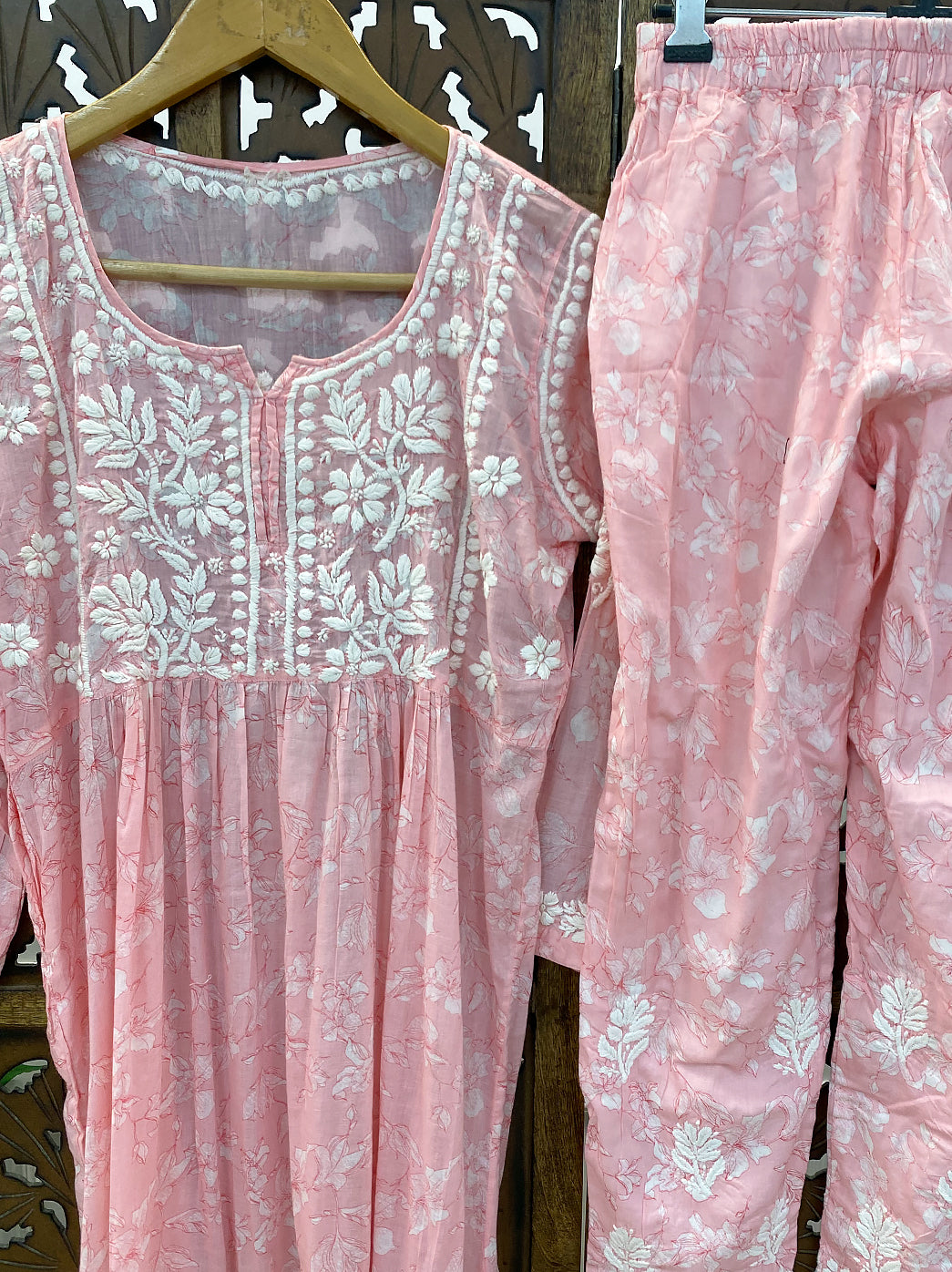 Peach Mulmul Chikankari Co-ord Set