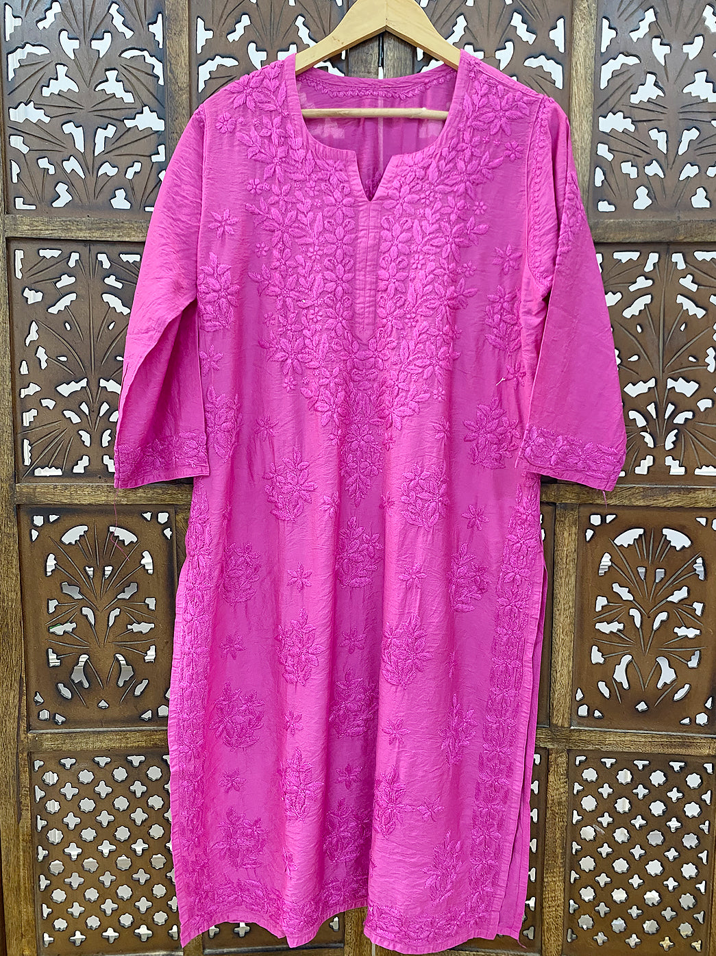 Pink Chanderi Chikankari Straight Kurti