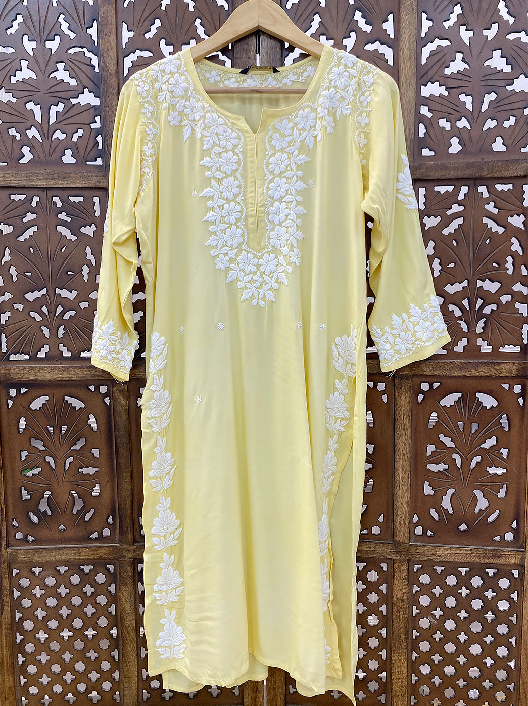 Yellow Rayon Chikankari Straight Kurti