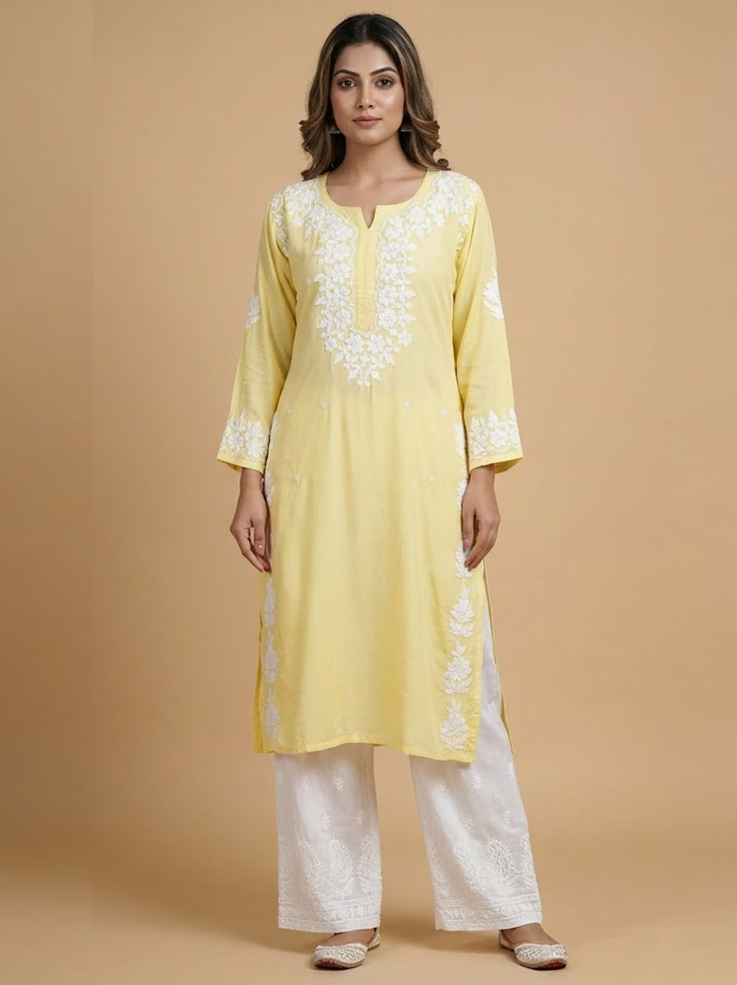 Yellow Rayon Chikankari Straight Kurti