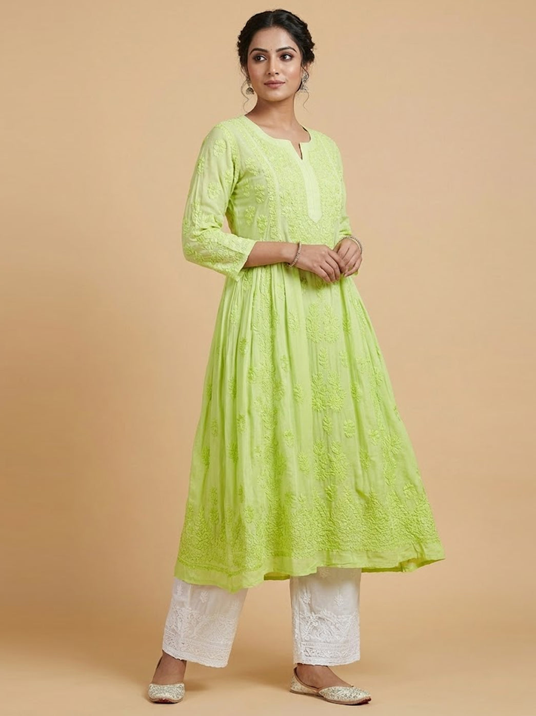 Pista Green Muslin Chikankari A-Line Kurti