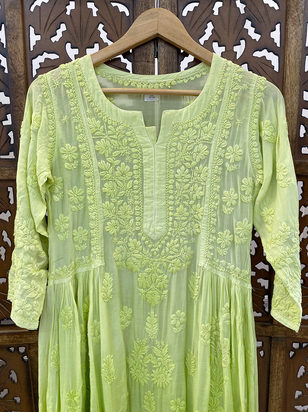 Pista Green Muslin Chikankari A-Line Kurti