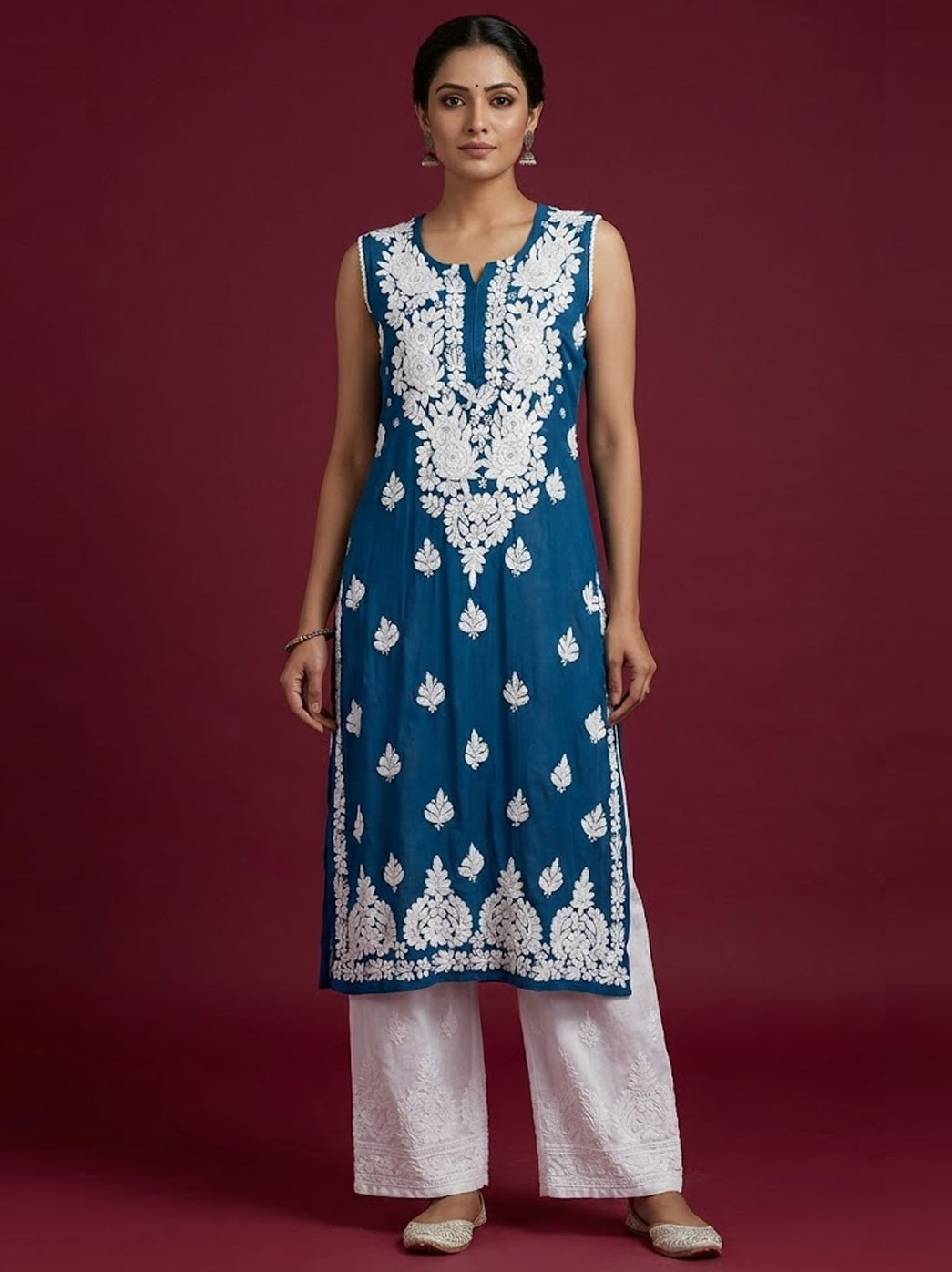 Blue Muslin Chikankari Sleeveless Straight Kurti