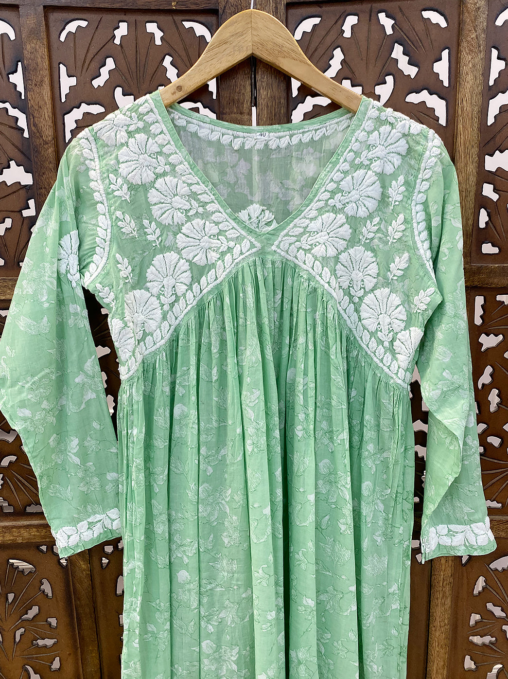 Pista Green Mulmul Chikankari A-Line Kurti