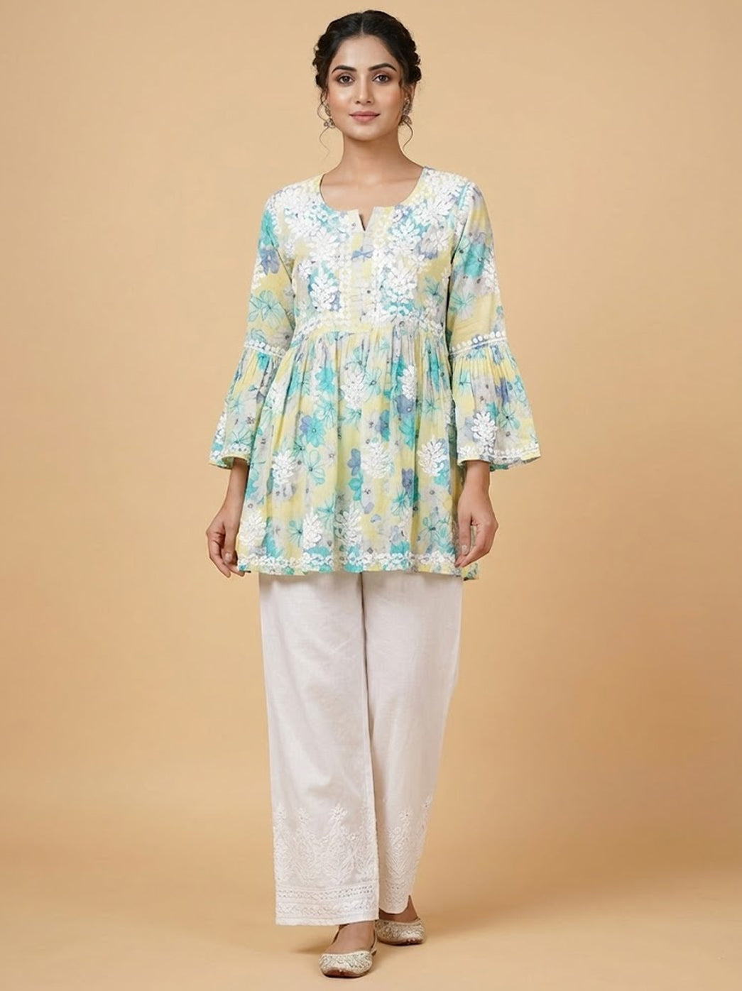 Yellow Mulmul Printed Chikankari Top