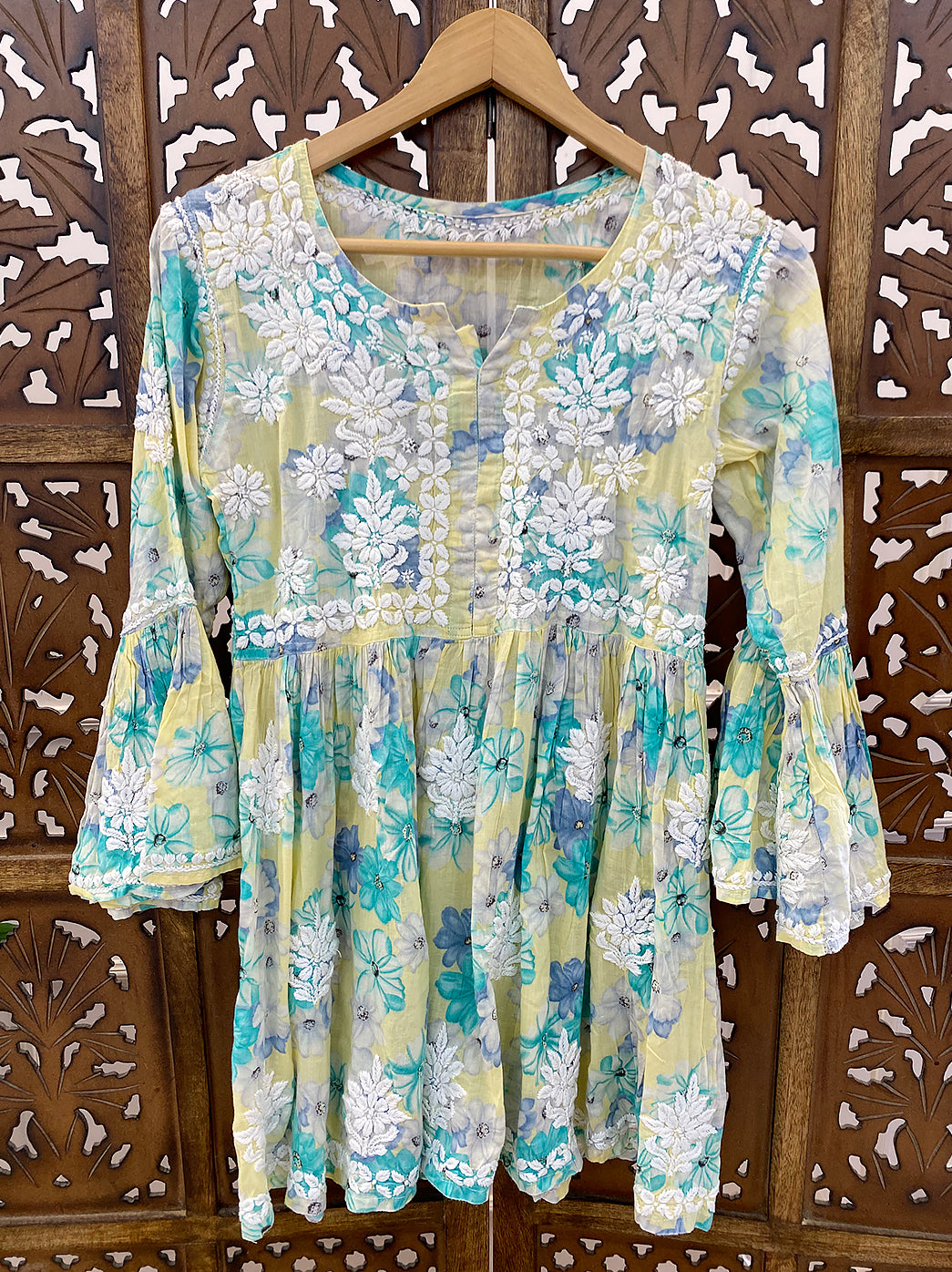 Yellow Mulmul Printed Chikankari Top