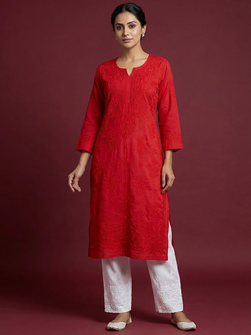 Red Muslin Chikankari Straight Kurti