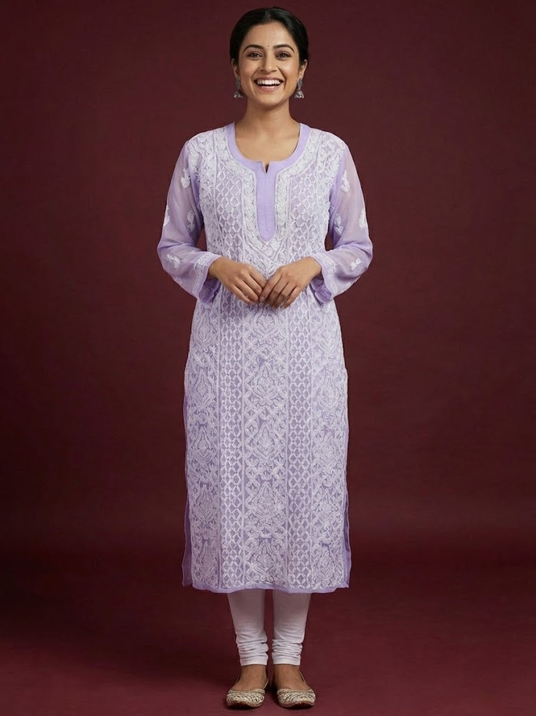 Lavender Georgette Chikankari Straight Kurti