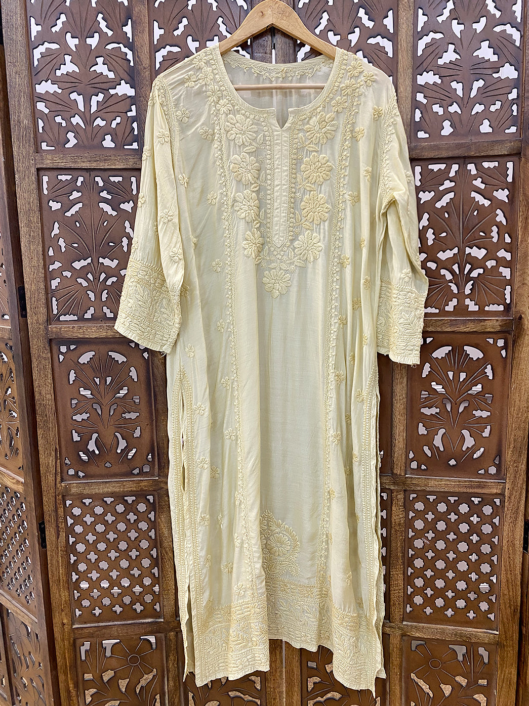 Beige Muslin Chikankari Straight Kurti