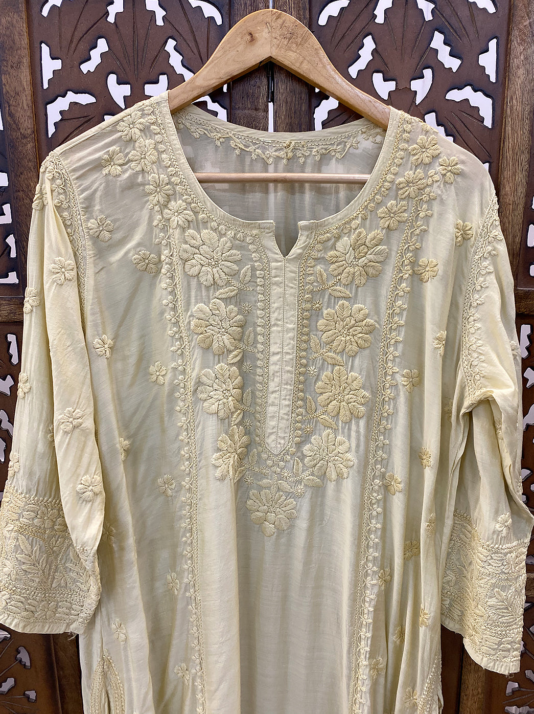 Beige Muslin Chikankari Straight Kurti
