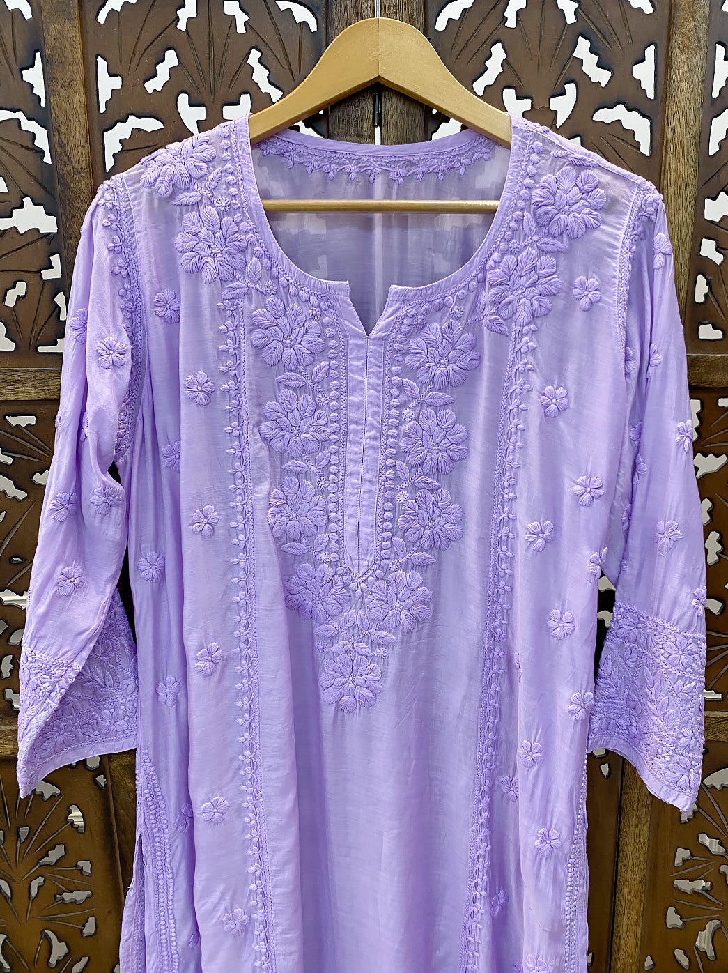 Lavender Muslin Chikankari Straight Kurti