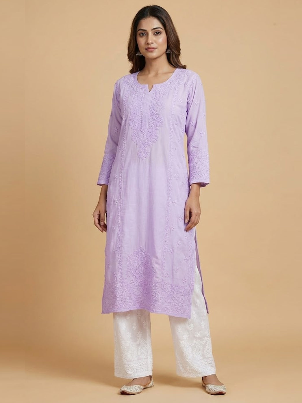 Lavender Muslin Chikankari Straight Kurti