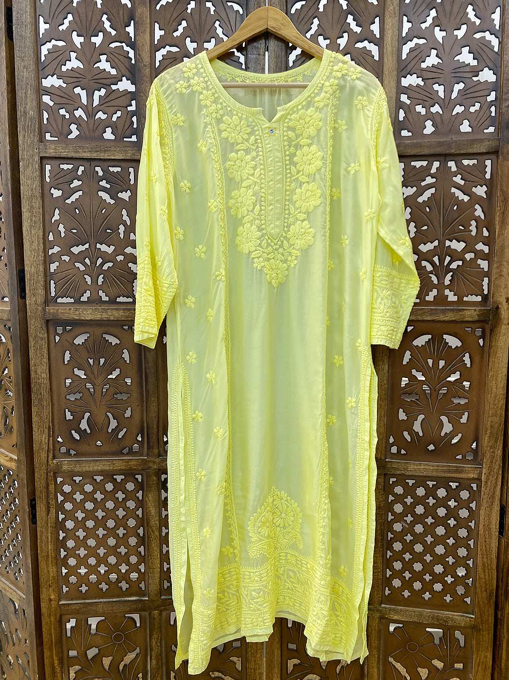 Lime Yellow Muslin Chikankari Straight Kurti